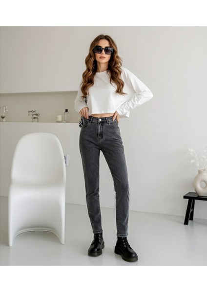 Buz Mavi Likralı Boyfriend Mom Jean