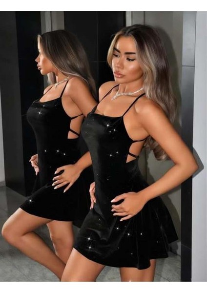 Arias Closet Siyah Sırt Dekolteli Simli Fantezi Mini Club Elbisesi fiyatları