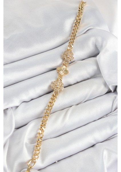 Pirinç Zirkon Taşlı Yonca Model Gold Renk Kadın Bileklik fiyatları