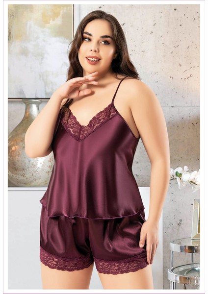 Miss Laris 4228 Bordo Büyük Beden Dantelli Ip Askılı Sexy Saten Şortlu Gecelik