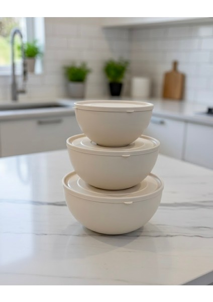 Kapaklı Yuvarlak Kase 3'lü Set Krem Renk (1,2l + 2,5l + 4l)