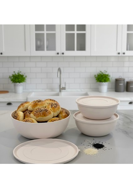 Kapaklı Yuvarlak Kase 3'lü Set Krem Renk (1,2l + 2,5l + 4l) fırsatları