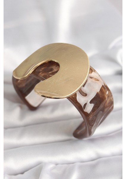 Kahverengi Mermer Desen Akrilik Plastik Gold Nal Model Plaka Vintage Kadın Bilezik