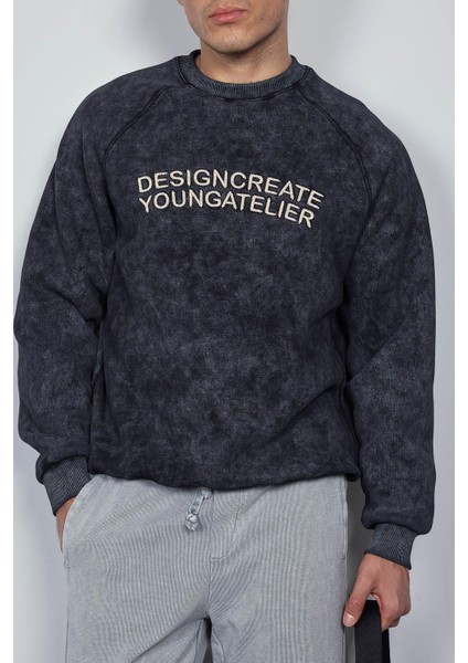 Erkek Oversize Yazı Baskılı Sweatshirt Siyah modelleri