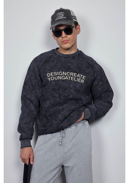 Erkek Oversize Yazı Baskılı Sweatshirt Siyah fırsatları