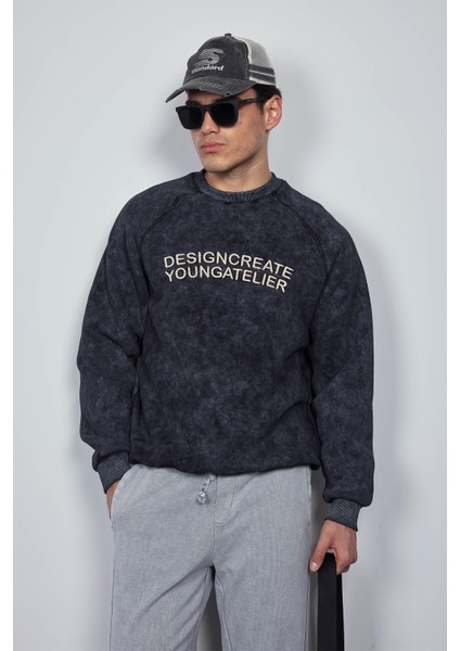 Erkek Oversize Yazı Baskılı Sweatshirt Siyah indirimleri