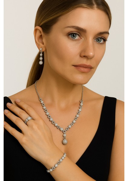 925 Ayar Gümüş Yuvarlak Model Ithal Zirkon Taşlı Kolye, Bileklik, Küpe, Yüzük Düğün Takı Seti