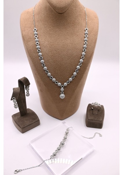 925 Ayar Gümüş Yuvarlak Model Ithal Zirkon Taşlı Kolye, Bileklik, Küpe, Yüzük Düğün Takı Seti fiyatları