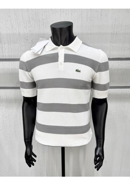 Erkek Polo Yaka Premium Çizgili Kısa Kollu Tişört-Beyaz