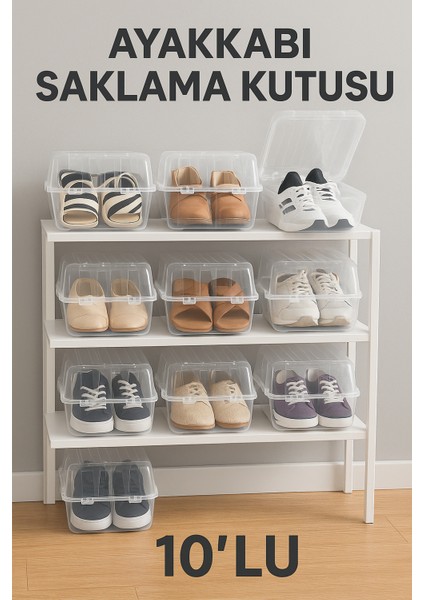 10’lu Şeffaf Ayakkabı Saklama Kutusu – Kapaklı ve Taşınabilir Organizer Kutu