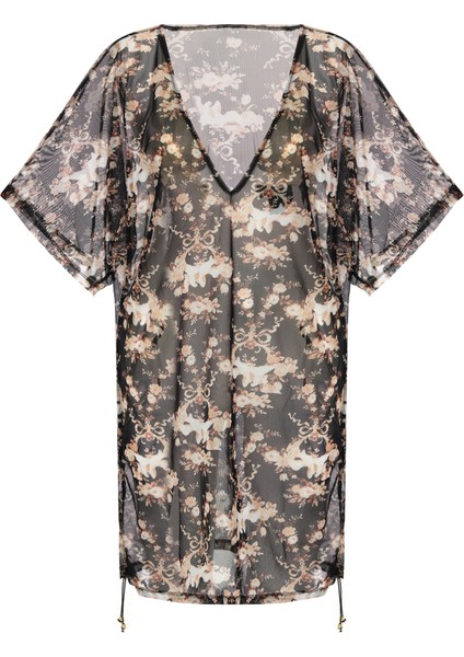 Yanı Sürgülü Desenli Tül V Yaka Tunik