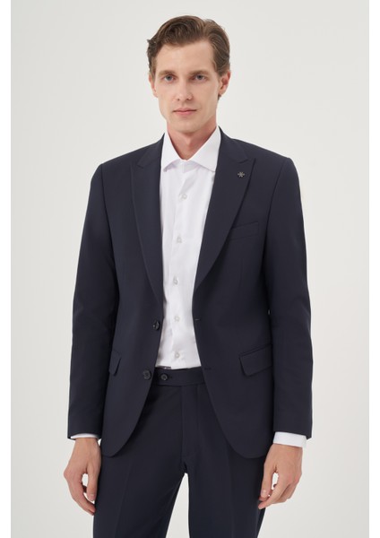 Erkek Lacivert Poliviskon Basic Düz Slim Fit Sivri Yaka Takım Elbise