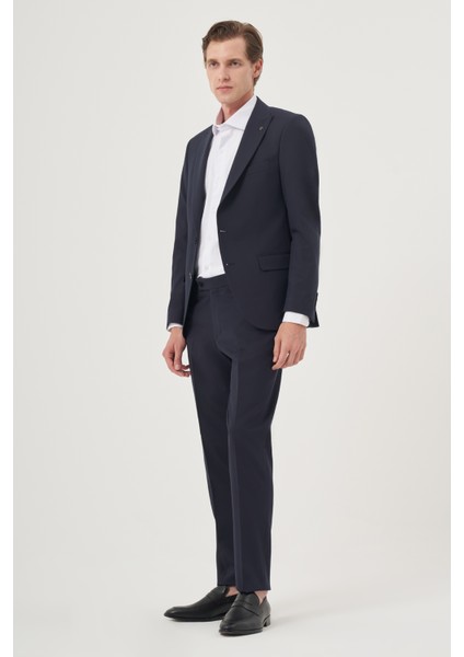Erkek Lacivert Poliviskon Basic Düz Slim Fit Sivri Yaka Takım Elbise modelleri