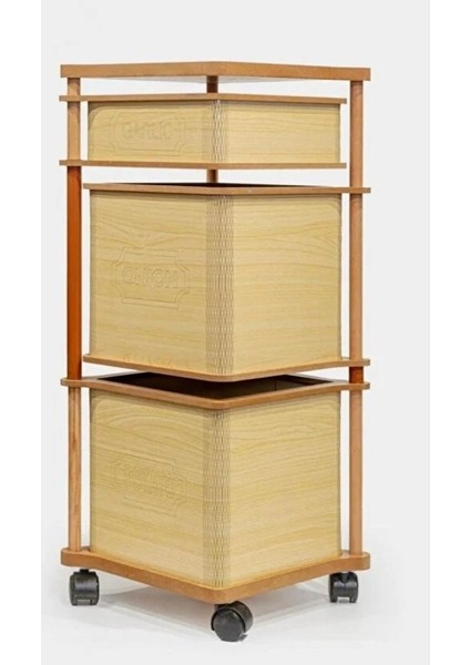 Ahşap Kare Tekerlekli Sebzelik 3 Katlı Yana Açılır Patates Soğan Sarımsak Krem