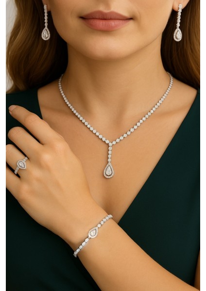 925 Ayar Gümüş Su Yolu Damla Model Ithal Zirkon Taşlı Kolye, Bileklik, Küpe, Yüzük Düğün Takı Seti