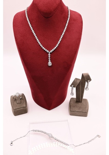 925 Ayar Gümüş Su Yolu Damla Model Ithal Zirkon Taşlı Kolye, Bileklik, Küpe, Yüzük Düğün Takı Seti fiyatları