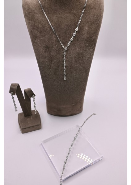 925 Ayar Gümüş Damla Kesim Model Ithal Zirkon Taşlı Kolye, Bileklik, Küpe, Düğün Takı Seti