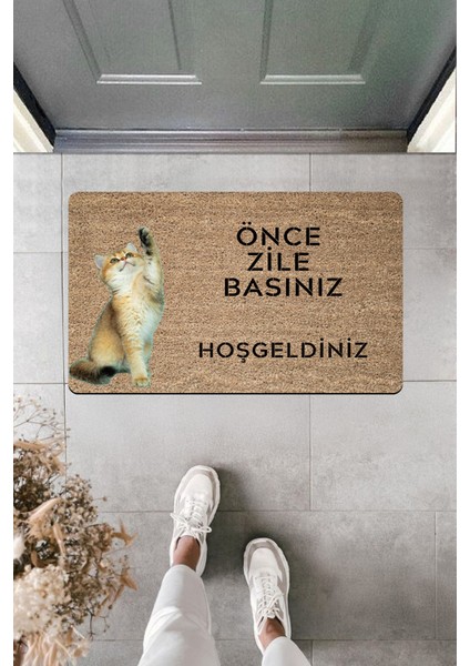 Yüksek Kaliteli Dijital Baskı 'önce Zile Basınız'' Mesajlı Hoşgeldiniz Kapı Önü Paspası