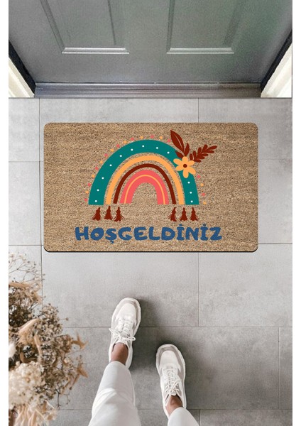 Yüksek Kaliteli Dijital Baskı Mavili Pembeli Çiçekli Gökkuşağı Tasarım Hoşgeldiniz Kapı Önü Paspası