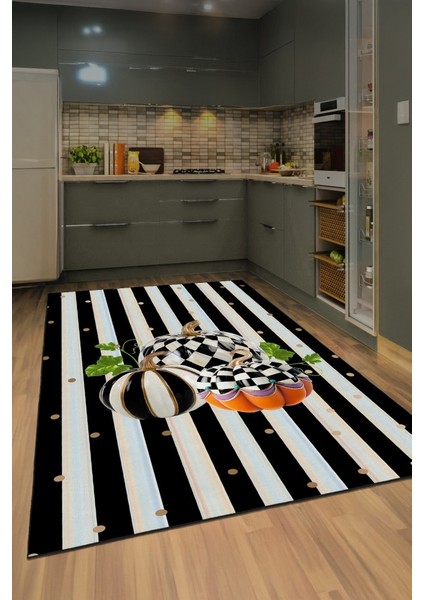 Modern Mutfaklara Masalsı Dokunuş: Balkabağı Desenli Tasarım Siyah Beyaz Halı