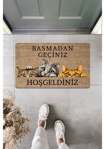 Yüksek Kaliteli Dijital Baskı Ürkek Kedicikler ''basmadan Geçiniz'' Kapı Önü Paspası