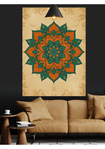 Yeşil-Turuncu Geometrik Mandala Deseni Dekoratif Kanvas - Mdf Ahşap Tablo