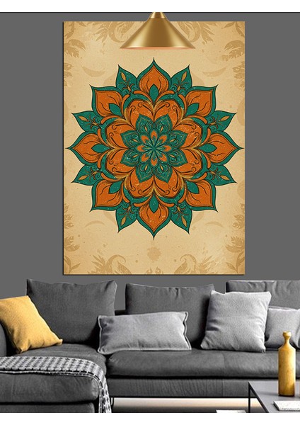 Yeşil-Turuncu Geometrik Mandala Deseni Dekoratif Kanvas - Mdf Ahşap Tablo fiyatları