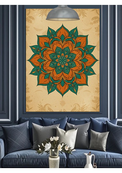 Yeşil-Turuncu Geometrik Mandala Deseni Dekoratif Kanvas - Mdf Ahşap Tablo modelleri