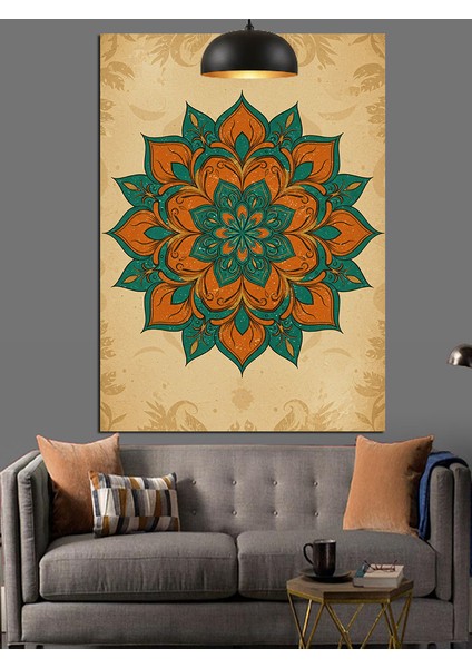 Yeşil-Turuncu Geometrik Mandala Deseni Dekoratif Kanvas - Mdf Ahşap Tablo fırsatları