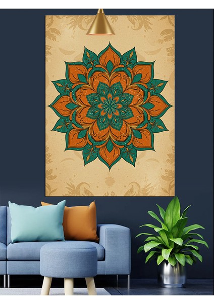 Yeşil-Turuncu Geometrik Mandala Deseni Dekoratif Kanvas - Mdf Ahşap Tablo indirimleri