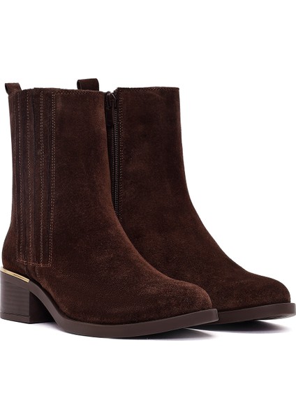 Kadın Kahverengi Fermuarlı Kısa Kalın Topuklu Süet Deri Bot 25WFD360610 fırsatları