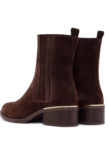 Kadın Kahverengi Fermuarlı Kısa Kalın Topuklu Süet Deri Bot 25WFD360610