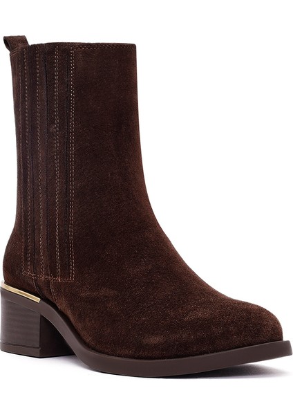 Kadın Kahverengi Fermuarlı Kısa Kalın Topuklu Süet Deri Bot 25WFD360610