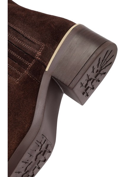 Kadın Kahverengi Fermuarlı Kısa Kalın Topuklu Süet Deri Bot 25WFD360610