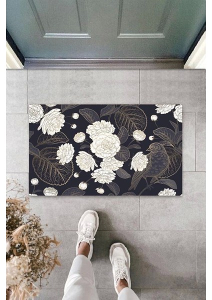 Defnada Dekoratif Dijital Çiçekler Arasında Tek Kuş Siyah Kapı Paspası Dış Mekan Paspas K-3109