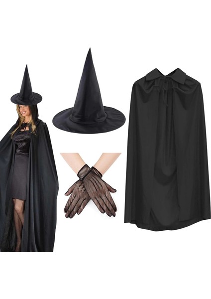 120 cm Siyah Yakalı Cadı Pelerini Cadı Şapkası ve 1 Çift Siyah Kısa File Tüm Eldiven Seti 3 Parça