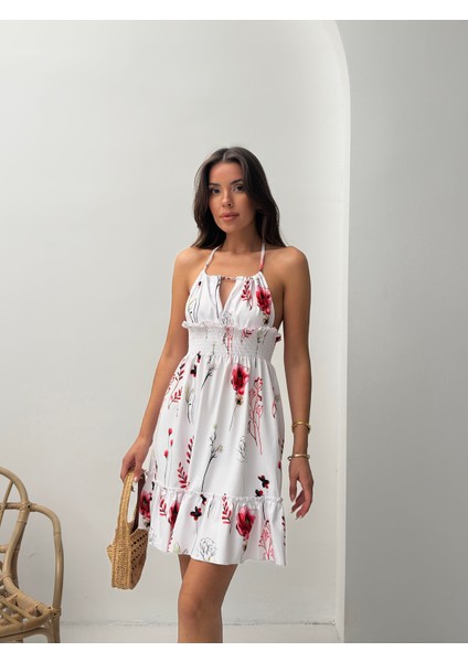 Kırmızı Çiçek Desenli Halter Yaka Büzgülü Mini Elbise