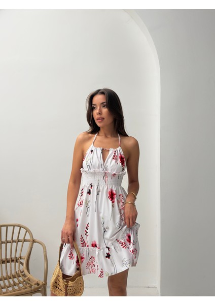 Kırmızı Çiçek Desenli Halter Yaka Büzgülü Mini Elbise fiyatları