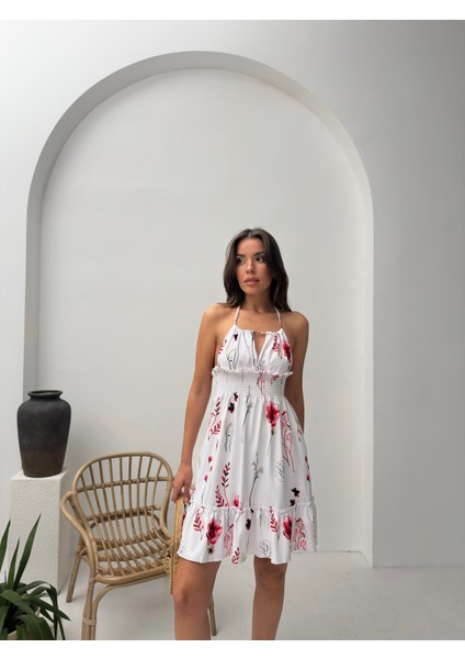 Kırmızı Çiçek Desenli Halter Yaka Büzgülü Mini Elbise modelleri