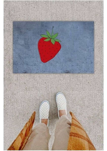 Dijital Baskı Dekoratif Çilek Antrasit Kapı Önü Paspası PS1174