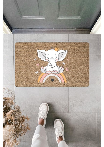 Yüksek Kaliteli Dijital Baskı Gökkuşağı Üstünde Şirin Kral Fil Kapı Önü Paspası