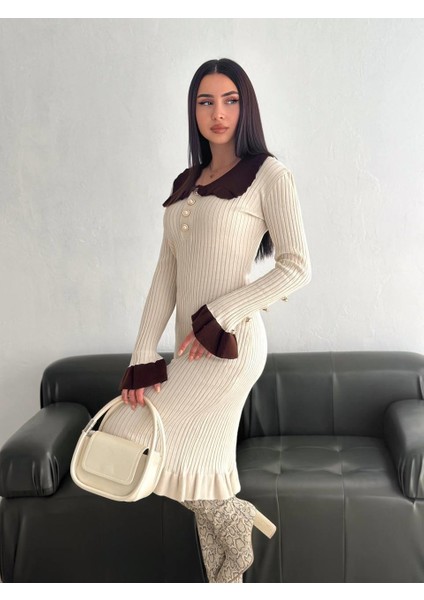 Fırfır Yaka Inci Düğmeli Uzun Kollu Triko Elbise modelleri