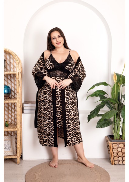 Big Lingerie& Homewear Leopart Desenli 2'li Sabahlıklı Gecelik
