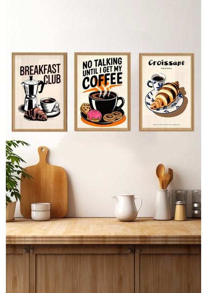 🥐 Kahvaltı Kulübü – Retro Tarz 3’lü Mdf Tablo Seti (Çerçevesiz - 3 Ebat Seçeneği) CRVS1019 13 x 17 modelleri