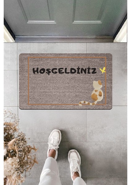 Yüksek Kaliteli Dijital Baskı Kare Içinde Kedicikli Kelebekli Hoşgeldiniz Kapı Önü Paspası