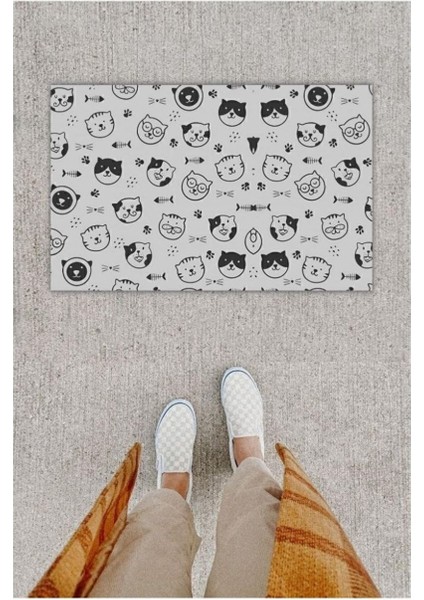 Dijital Baskı Dekoratif Çoklu Kedi Bej Kapı Önü Paspası K-1208