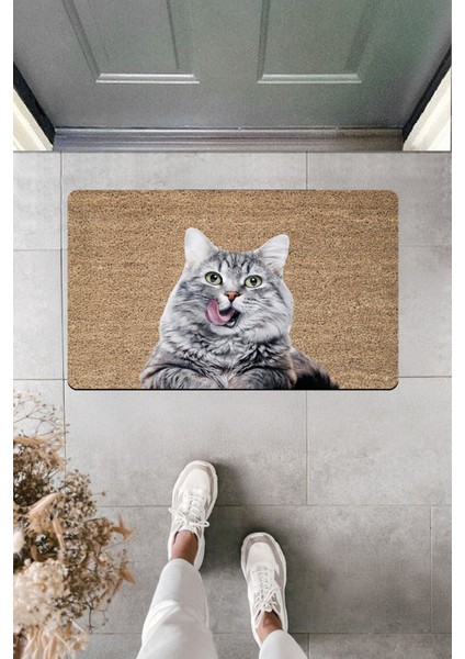 Yüksek Kaliteli Dijital Baskı Dilli Büyük Gri Kedicikli Kapı Önü Paspası