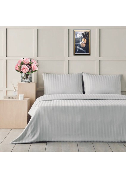 Nevresim Takım 5 Renk - Pamuk Saten Çizgili Nevresim Takım Çift Kişilik Çarşaf + 2yastık +Nevresim