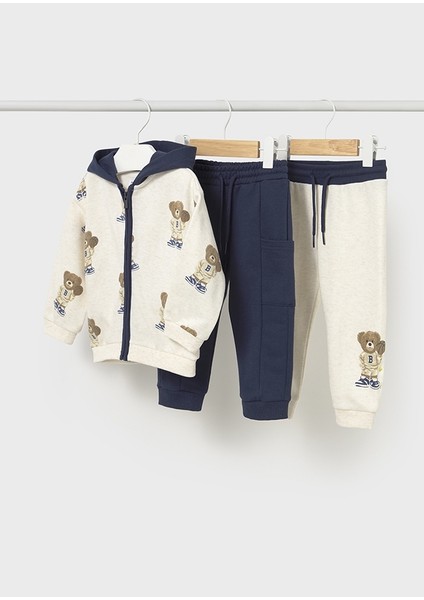 1-4 Yaş Arası ayıcık Baskılı 3’lü Erkek Bebek Eşofman Takımı | Kapüşonlu Fermuarlı Hırka + 2 Alt Parça