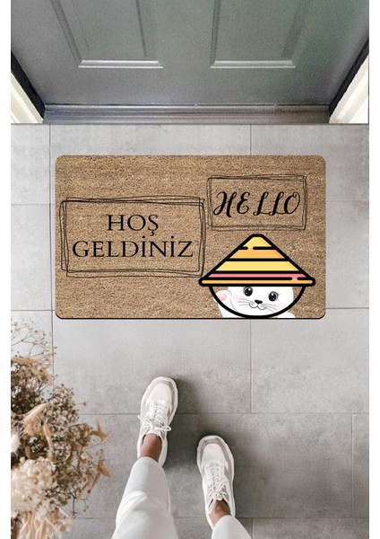 Yüksek Kaliteli Dijital Baskı Kedicikli Kareler Içinde Hoşgeldiniz Hello Kapı Önü Paspası